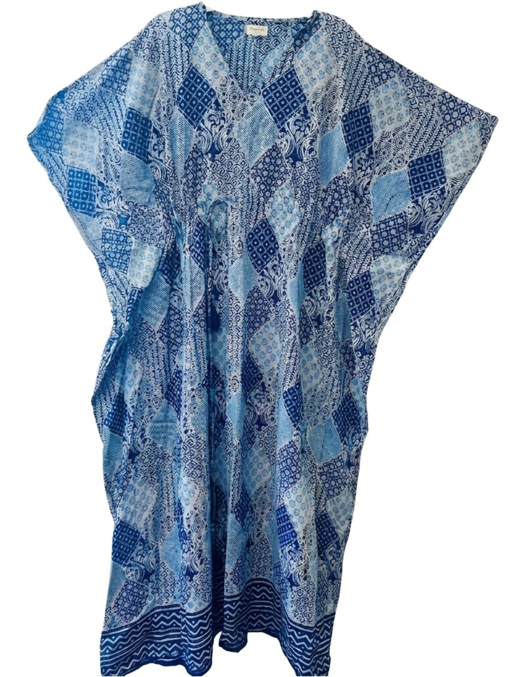 World Market Blue Boho Patchwork Print Kaftan Maxi Dress Coverup OSFM